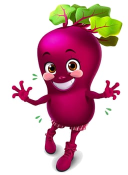The image features a cheerful, anthropomorphic beet character with a large head, round body, and a pair of legs. The beet is wearing a pair of red shoes and has a big smile on its face. It is standing upright with its arms and legs spread out, giving the impression of a friendly gesture. The beet is surrounded by green leaves, adding a touch of nature to the scene. The image is a vibrant mix of pink and purple colors, creating a visually appealing and playful composition. (transparent, isolated)
