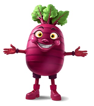 The image features a cheerful, anthropomorphic beet character standing upright with its arms outstretched. The beet has a large, round body with a pinkish-purple hue, and its legs are also pink. The beet's head is adorned with a green leaf, and it is wearing a pair of red boots. The beet's face is lit up with a big smile, and it has large, expressive eyes. The beet is positioned against a white background, which highlights its vibrant colors and cheerful expression. (transparent, isolated)