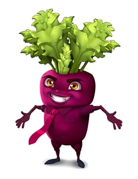 The image depicts a cartoon character resembling a beet with a purple body, green leaves sprouting from its head, and a pink tie around its neck. The character is standing upright with its arms outstretched, giving the impression of a friendly, welcoming gesture. The character's face is lit up with a big smile, and its eyes are wide open, adding a sense of joy and playfulness to the image. The character's attire, including the tie, gives it a unique and whimsical appearance. (transparent, isolated)