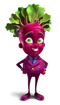 The image depicts a cartoon character with a vibrant red body, wearing a purple suit and tie. The character has a large head with a green leafy top. The character is standing upright with its hands on its hips, giving the impression of a confident and assertive pose. The character's facial expression is a broad smile, adding a cheerful and friendly vibe to the image. (transparent, isolated)