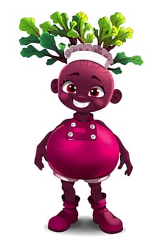 The image depicts a cartoon character with a round body, wearing a pink, red boots. The character has a large head with a crown of green leaves, giving it a whimsical appearance. The character is smiling and standing upright, with a cheerful expression. The background is a stark white, which contrasts with the character's colorful attire and makes the character stand out. (transparent, isolated)