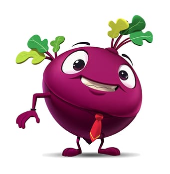 The image features a cartoon character resembling a purple beet. The character has a round body, large eyes, and a wide smile. It is wearing a red tie around its neck and has green leaves sprouting from its head. The character is standing upright, its right hand extended outwards. The background is a stark white, which contrasts with the vibrant colors of the character and makes it stand out. (transparent, isolated)