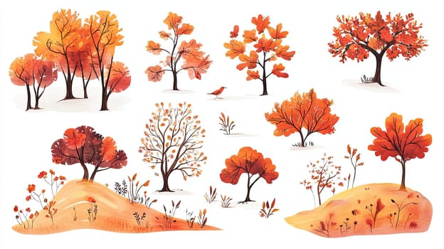 This artwork features an array of autumn trees displaying rich shades of orange and red, set against a soft, natural background representing early fall.