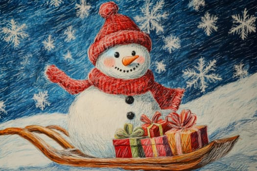 A snowman is riding down a sled with presents