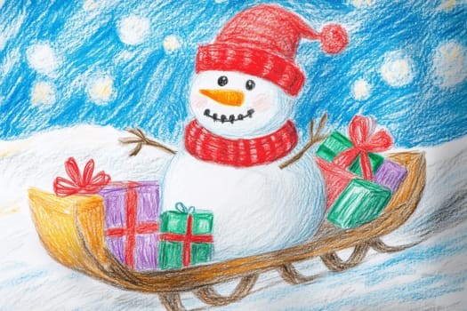 A snowman is riding down a sled with presents Drawing drawn with pencil