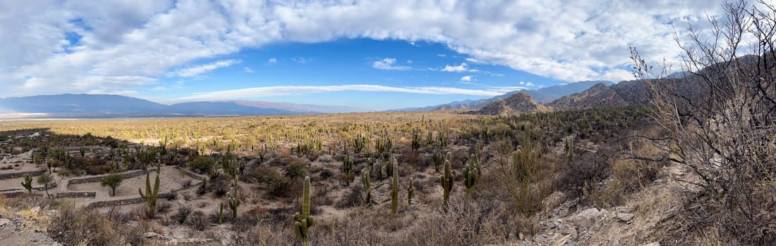 Landscape of Tucuman, with the Quilmes Ruins in the background on a sunny midday.. Exotic landscapes. Adventure tourism. Wallpapers for tourism brochures