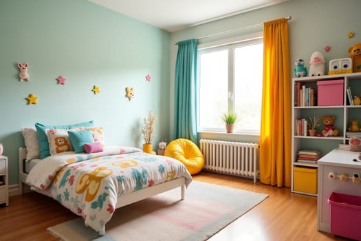 This children's bedroom features a vibrant color palette with a comfy bed, colorful curtains, and playful decor, creating a joyful atmosphere for relaxation and playtime - Generative AI