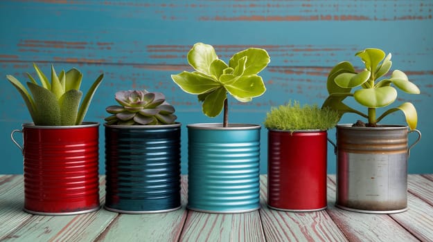 Four colorful cans hold various potted plants, including succulents and leafy greens, arranged neatly on a wooden table with a blue backdrop - Generative AI