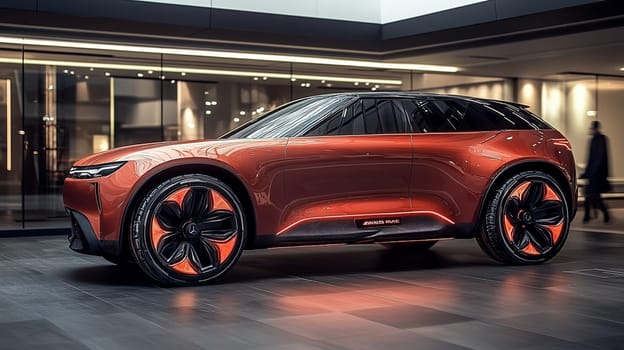 This striking concept car, with its sleek lines and vibrant color, is showcased in a contemporary showroom, highlighting its cutting-edge design and advanced features.