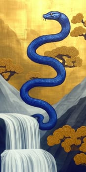 Majestic blue snake rises above a waterfall and mountains against a gold background, adorned with decorative trees