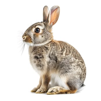 A small Mountain Cottontail rabbit with brown and white fur is peacefully sitting on a white background, showcasing its distinctive ears and whiskers