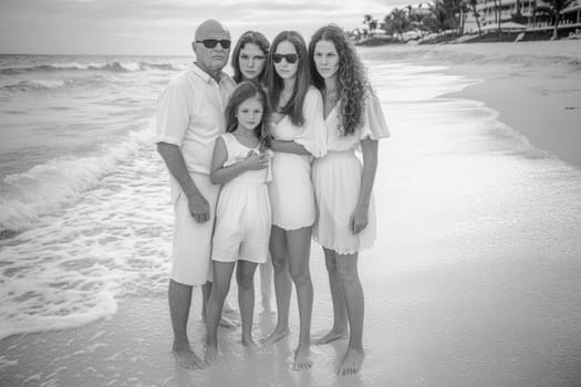 Happy family of six posing on a beach in white outfits, enjoying a tropical vacation. Smiling and united, they create a perfect moment of togetherness