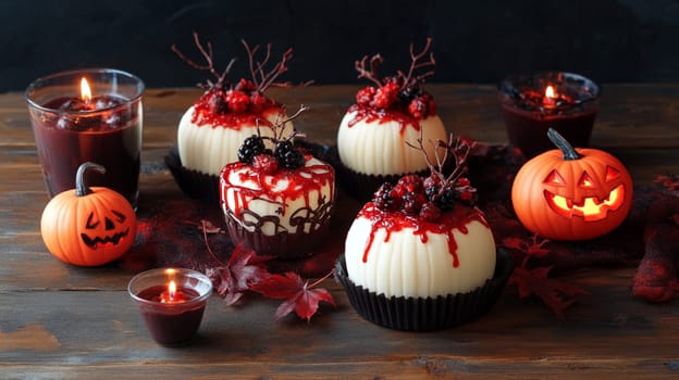 A table with Halloween themed desserts and decorations. The desserts include a cake with red frosting and blackberries, and a cupcake with red frosting and blackberries