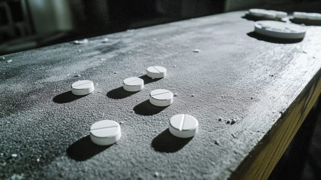 Dark tabletop with scattered pills and white powder. Highlighting drug risks. No people. Just a grungy surface. Emphasizing unhealthy dependence. Addiction. Danger. Health. Recovery. Global crisis