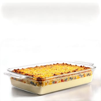 Breakfast casserole layered in glass baking dish cheese bubbling Food and Culinary concept. Food isolated on transparent background.