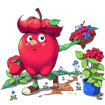 A red apple in the animated style of the cartoon. He walks briskly.