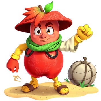 A red apple in the animated style of the cartoon. He walks briskly.