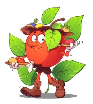 A red apple in the animated style of the cartoon. He walks briskly.