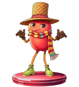 A red apple in the animated style of the cartoon. He walks briskly.