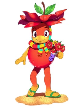 A red apple in the animated style of the cartoon. He walks briskly.