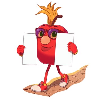 A red apple in the animated style of the cartoon. He walks briskly.