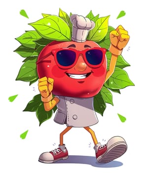 A red apple in the animated style of the cartoon. He walks briskly.