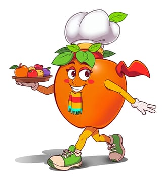 A red apple in the animated style of the cartoon. He walks briskly.