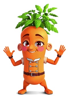 Cartoon illustrations of cheerful anthropomorphic carrots. Transparent (isolated), modern anime style.