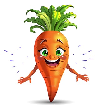 Cartoon illustrations of cheerful anthropomorphic carrots. Transparent (isolated), modern anime style.