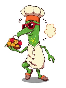 Green zucchini on a white background (transparent) in anime style (cartoon). Cheerful and cheerful.