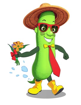 Green zucchini on a white background (transparent) in anime style (cartoon). Cheerful and cheerful.
