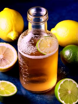 British Ginger Beer in clear glass bottle surrounded by slices of limes and lemons. Drink isolated on transparent background.