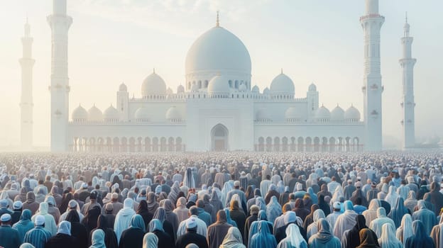 Muslim community praying in a mosque. Muslims in a large mosque.