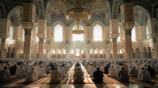 Muslim community praying in a mosque. Muslims in a large mosque.