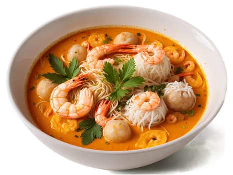 Laksa fragrant coconut milk based soup brimming with rice noodles shrimp fish balls and vibrant. Food isolated on transparent background.