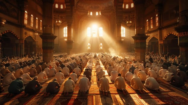 Muslim community praying in a mosque. Muslims in a large mosque.