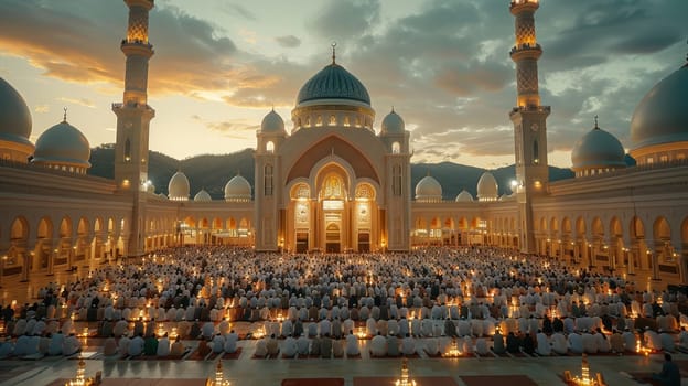 Muslim community praying in a mosque. Muslims in a large mosque.