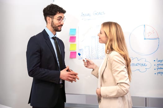 Two businesspeople discussing project results on a whiteboard. Concepts of team, friendship and diversity.