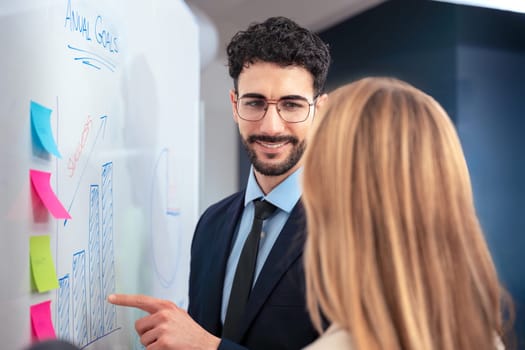 Two businesspeople discussing project results on a whiteboard. Concepts of team, friendship and diversity.