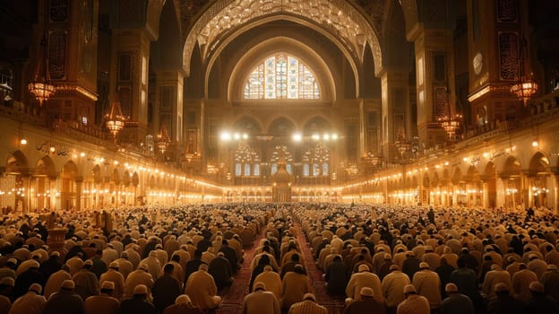 Muslim community praying in a mosque. Muslims in a large mosque.