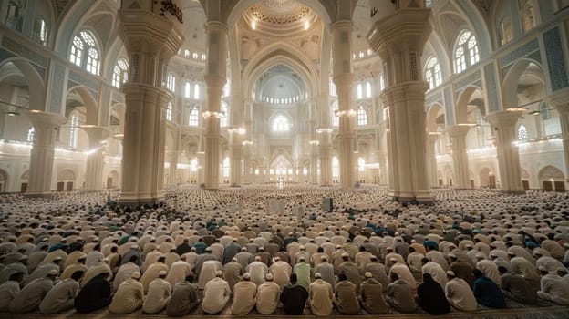 Muslim community praying in a mosque. Muslims in a large mosque.
