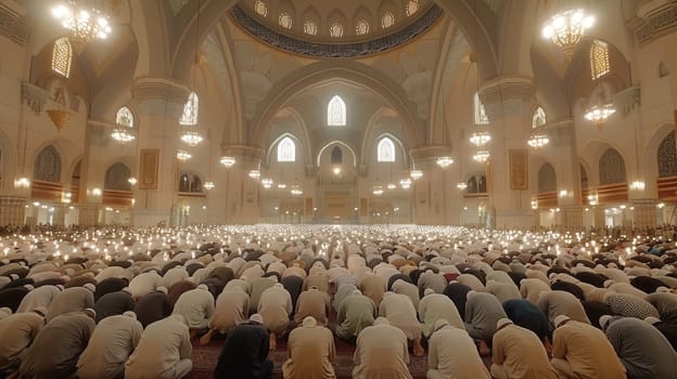 Muslim community praying in a mosque. Muslims in a large mosque.