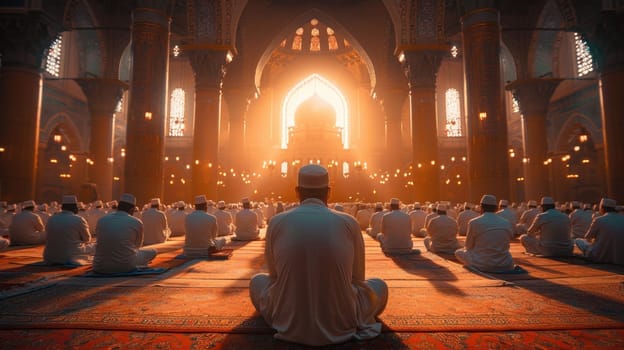 Muslim community praying in a mosque. Muslims in a large mosque.