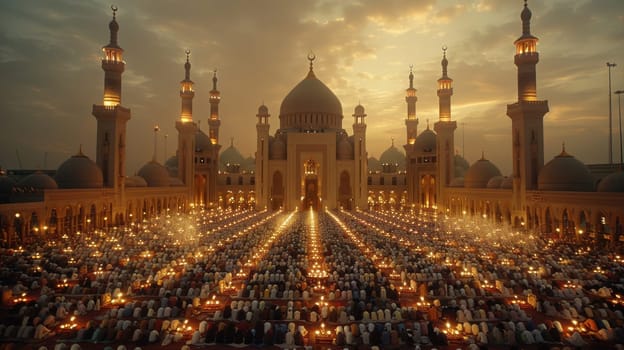 Muslim community praying in a mosque. Muslims in a large mosque.