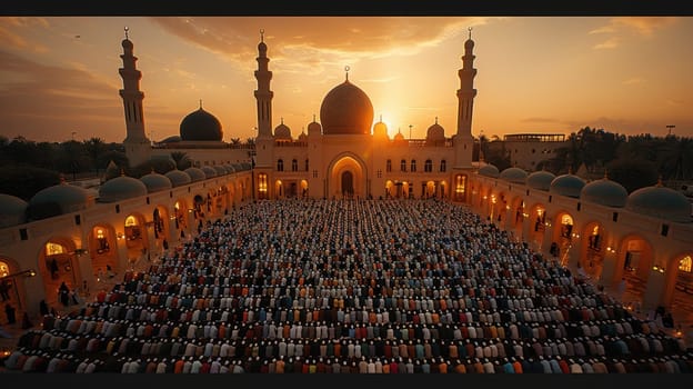 Muslim community praying in a mosque. Muslims in a large mosque.