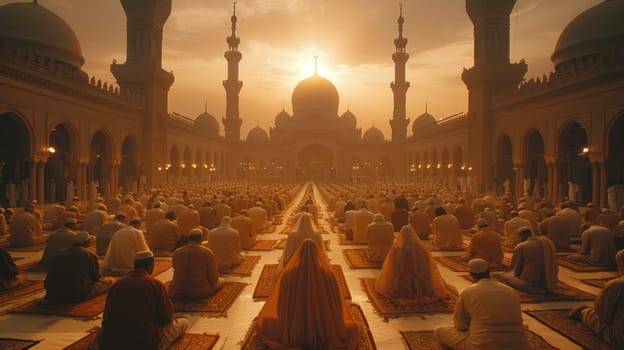Muslim community praying in a mosque. Muslims in a large mosque.