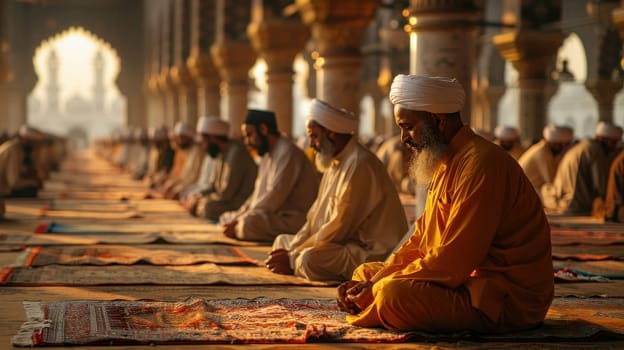 Muslim community praying in a mosque. Muslims in a large mosque.