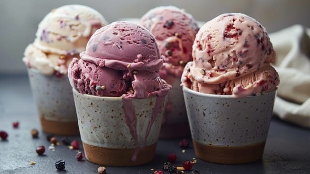 ice cream balls in a cup. Lots of ice cream in cups are on the table.