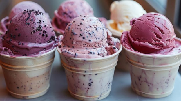 ice cream balls in a cup. Lots of ice cream in cups are on the table.