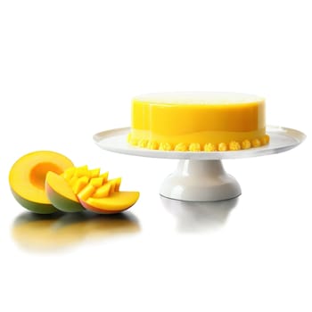 Mango mousse cake with layers of light and airy mango mousse sponge cake and a. close-up food, isolated on transparent background